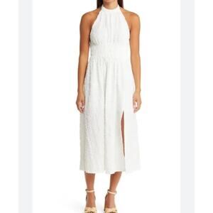 Floret Studios Textured Halter Midi Dress Women's XL White Front Slit Smocked